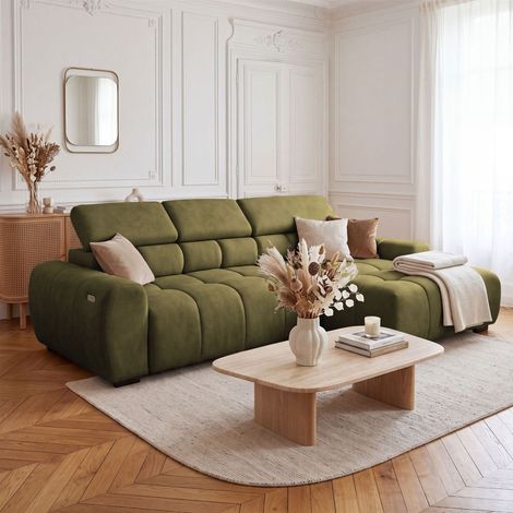 Ecksofa Schlafsofa VELUNIO RELAX in Stoff Salvador Olivgrün Ottomane Rechts (1/5)