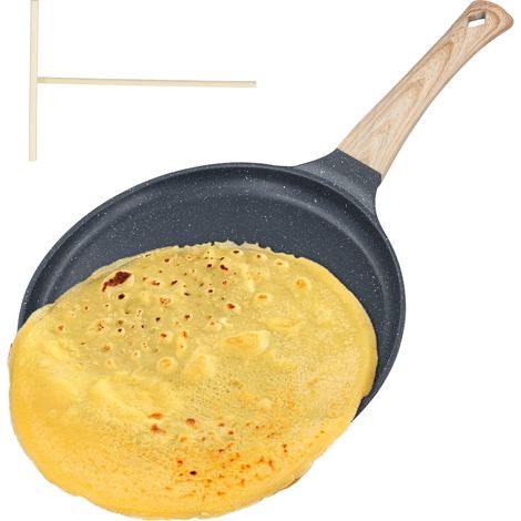 Crêpière à induction 24 cm avec spatule, revêtement antiadhésif, sans PFOA, manche en bois, compatible tous feux