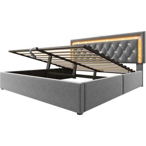 Polsterbett 140x200 cm aus grauem Samt mit LED, USB-C und USB (1/5)