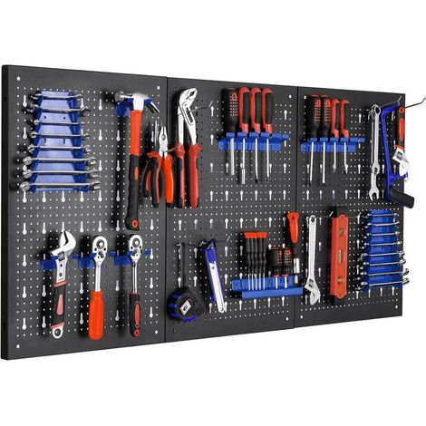 Panneau perforé mural en métal 117 × 55 cm – Kit de 17 pièces avec crochets et bacs de rangement, organisateur d’outils pour garage (1/5)