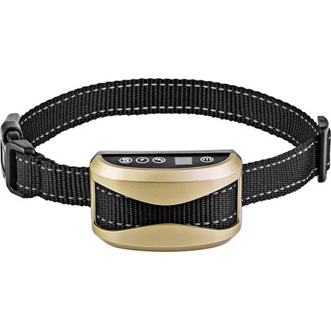 Collier anti-aboiement chien – 3 modes – 7 sensibilités – IP67 étanche rechargeable – dressage inoffensif – pour petit et gros chien – Or (1/5)
