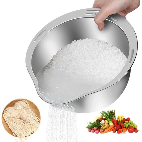 Bol À Laver Le Riz Avec Passoire, Égouttoir Rinçage Légumes Avec Filtre, Passoire À Riz En Acier Inoxydable, Les Légumes Et Les Haricots, Outil de Cuisine Polyvalent (Argent)