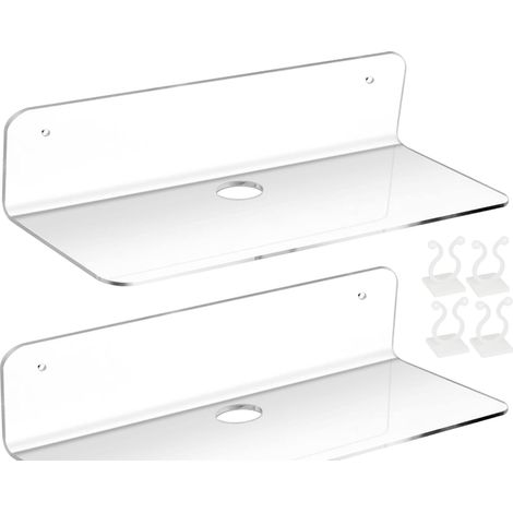 BRAVIX 2PCS Étagère Murale Flottante en Acrylique,Etagere Murale Blanche Lot de 2,Etagere sans percer en Acrylique pour Chambre, Salle de Bains, Cuisine, Salon, Bureau, avec 4 Clips Câble (1/5)