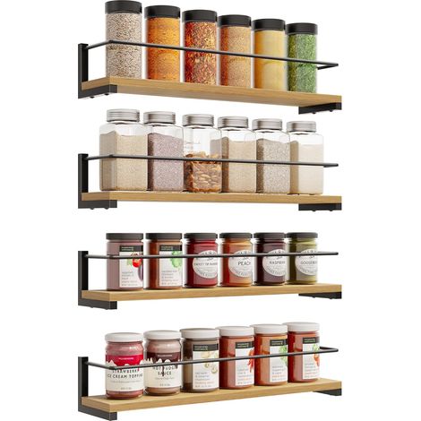 Étagère à Épices en Bois de Pin, Lot de 4, Porte-épices Murale, Étagère de Rangement de Cuisine pour Épices, Canettes, Pots, Ustensiles de Cuisine – 40 x 9 cm