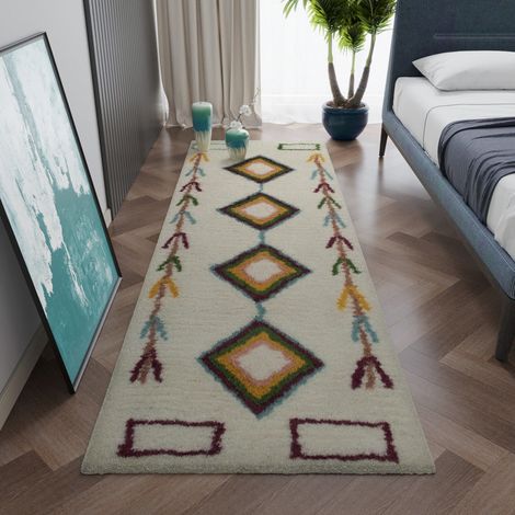 Tapis en laine Bedouin Bliss - Tapis en laine - 300x80cm, Rectangular - 100% Laine vierge - Tufté main - Blanc