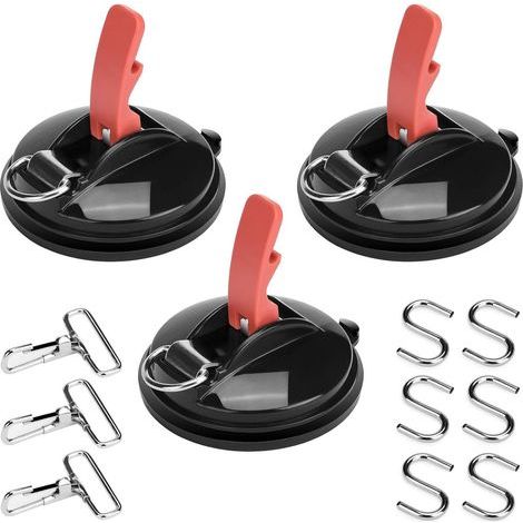Ganci a ventosa – confezione da 3 – Set di ganci a ventosa per auto e campeggio con 6 ganci a S e 3 anelli a D – Per tende da sole per auto, barche, teloni – Campeggio (1/5)