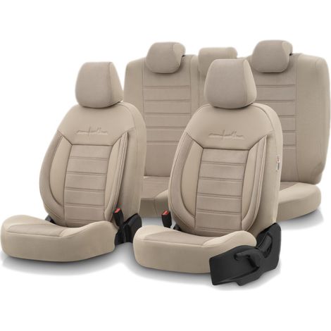 Set Luxus-Sitzbezüge OTOM-Textil mit Kunstleder COMFORT LINE Design – Beige mit beiger Naht, für Vorder- und Rücksitze