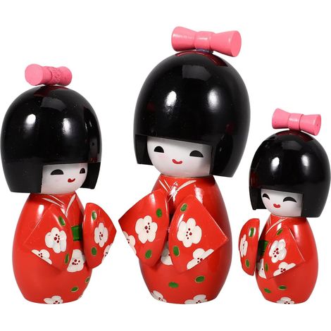 Lot de 3 Poupées Kimono Japonaises Traditionnelles en Bois, Décoration D’intérieur et Bureau, Figurines Artisanales Japonaises Rouges Motif Fleur de Prunier, Ornement (1/5)