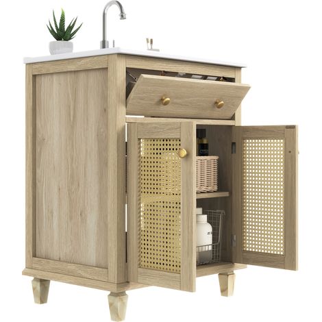 Meuble de salle de bain avec vasque en céramique Bois naturel,meuble sous vasque,avec 2 portes,1 tiroir et étagères réglables (1/5)