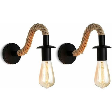 Juego de 2 apliques de pared retro FOREHILL, apliques de pared de cuerda de cáñamo, casquillo E27, apliques de pared retro para interiores ideales para pasillo, loft, dormitorio, bar o cafetería. (1/5)