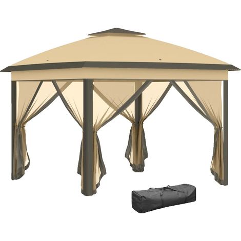 Cenador de exterior con bolsa de transporte, 3,3 x 3,3 m, resistente a los rayos UV, estructura de acero, diseño plegable, incluye accesorios. (1/5)
