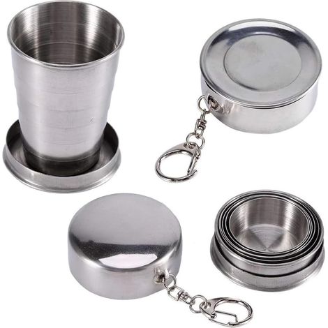 2 pièces Tasse Pliable Portable en Acier Inoxydable, Télescopique Avec Porte-Clés, Coupe Rétractable, Gobelet Pliable Réutilisable Pour Camping, Randonnée, Voyage en Plein Air (75ml) (1/5)