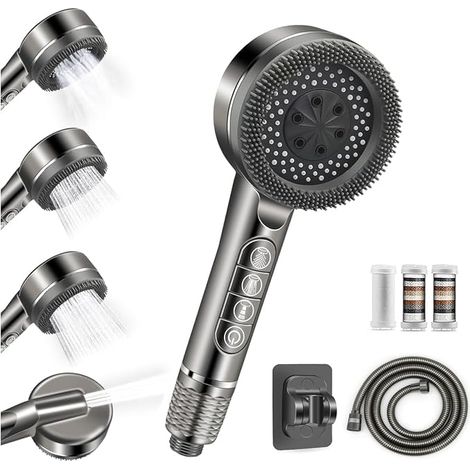 Shower Head, Anti-Limescale Shower Head, 3+1 Types of Jets with 1.5 m Shower Hose and Shower Holder, Saving Shower Head for Hard Water, Grey (1/5)
