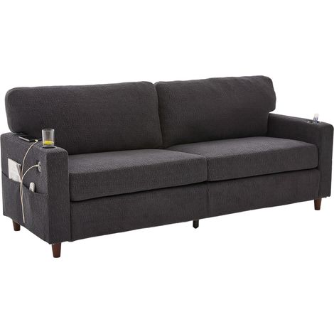 Canapé chenille moderne 2 places avec USB-C, éclairage d’ambiance LED, porte-gobelets et poches latérales. Structure bois/métal avec mousse confort. Idéal pour le salon, la chambre ou le bureau. gris (1/5)