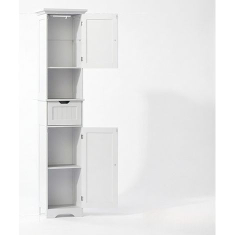 Mobile colonna bagno bianco in MDF con LED, 40 x 30 x 170 cm, con cassetto e 2 ante, a terra (1/4)