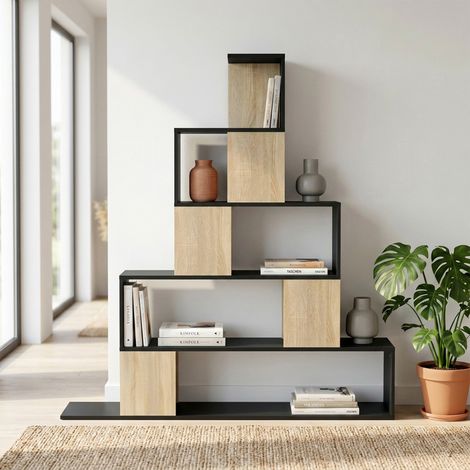 Étagère de rangement géométrique 5 niveaux, bibliothèque en bois naturel et noir, idéale pour bureau, salon ou chambre. (1/5)