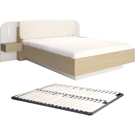 Lit avec chevets 160 x 200 cm - Avec LEDs - Coloris : Beige et naturel + Sommier - LYORIMA (1/5)