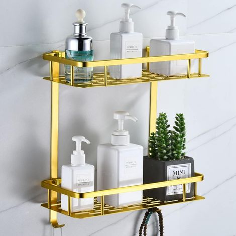 Etagere Douche or, Étagère Murale Salle de Bain Sans Percage Panier Rangement en Métal Serviteur pour le Shampoing, Antirouille (2 Paniers)