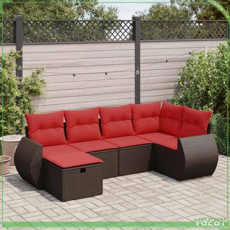 Salon de jardin - FAF7291712442742 - 6 places - Résine tressée marron - Coussins rouges déhoussables (1/5)