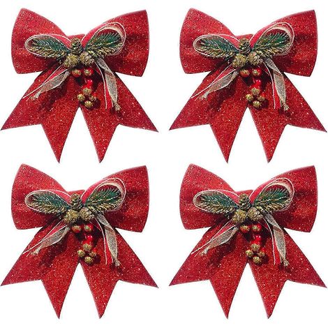 4 nœuds de Noël rouges, grand nœud papillon en ruban rouge pailleté pour sapin, décorations de Noël en tissu en forme de pomme de pin, nœuds papillon pour couronne, cadeau de Noël (1/5)