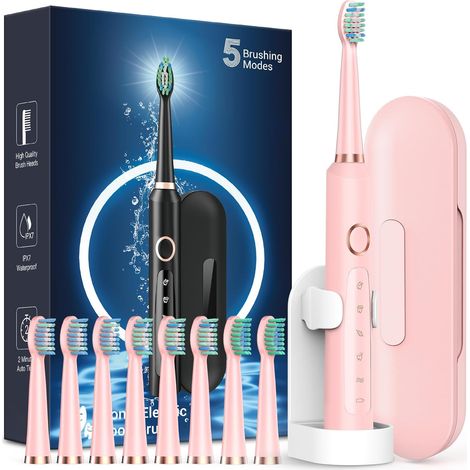 Brosse à dents électrique sonique pour adultes et enfants - Brosse à dents électrique rechargeable pour enfants de 12 ans et plus et adultes avec 8 têtes de brosse et étui de voyage, autonomie de 120 