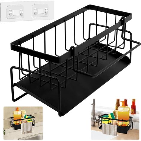 Organizador de cocina con escurridor automático y soporte para esponjas con gancho.