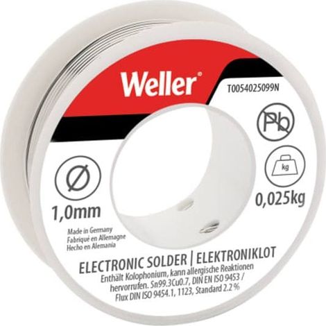 Weller T0054025099N Electronic Lead-Free Solder Sn99 Cu3, 1mm 25g WEL54025099N