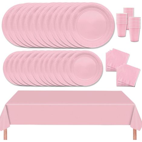 69-teiliges Partygeschirr Set Rosa für 16 Gäste mit Tischdecke