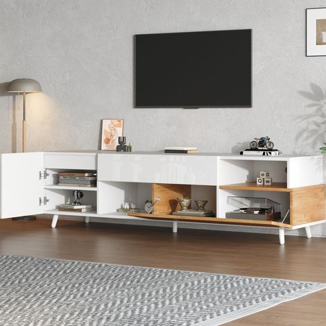 Mobile TV con contenitore, adatto per TV da 75 pollici, 2 ante e 1 cassetto, mobile per soggiorno, 180×38×50 cm, bianco+naturale