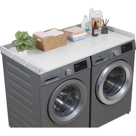 Comptoir pour Lave Linge et Sèche Linge 137x69,9 cm, Plan de Travail pour Machine à Laver Imperméable, pour Rangement Aménagement Buanderie Placard Balcon, avec Rebord et Crochets, Gris (1/5)