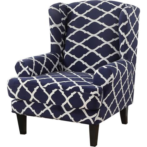 Set of 2 stretch jacquard fabric chair covers with wingback design (navy blue) (1/5)