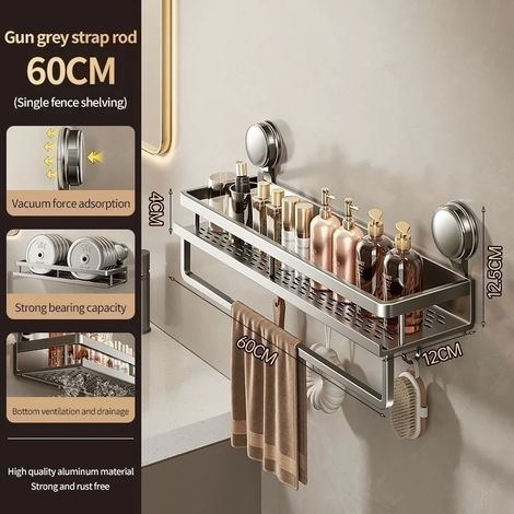 Barre de 60 cm (gris XP) - Support mural de salle de bain à ventouses adhésives (sans perçage) - Étagère de salle de bain en aluminium - Organisateur mural (1/5)