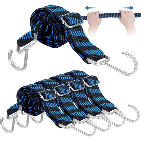 Juego de 5 cuerdas elásticas con ganchos, cuerda elástica plana de 1 m, cuerdas elásticas ajustables con ganchos metálicos para bicicletas, lonas, tiendas de campaña y techos de coches. (1/5)
