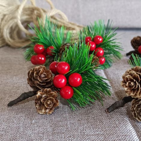 Décoration de Noël : Sapin de Noël artificiel, pomme de pin rouge décorative, accessoire pour boîte cadeau à monter soi-même, branche de pin de Noël (1/4)