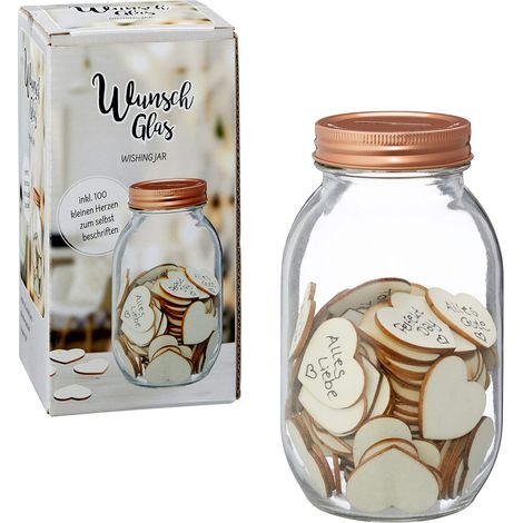 Verre à souhaiter avec 100 cœurs en bois Verre avec bouchon à vis pour mariage, anniversaire ou livre d'or