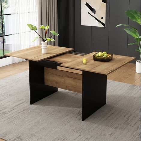 Table à manger extensible 4 à 6 places, plateau effet bois clair avec côtés noirs mats, format rectangulaire 140 à 180 cm, idéale pour salle à manger moderne  CHICFURN (1/5)