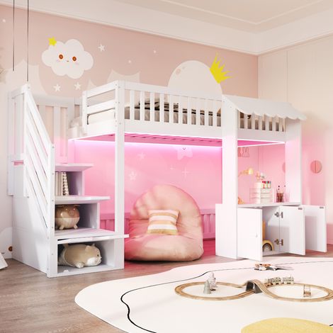 Cama alta individual de madera (253x108.9x139 cm), con escalera con almacenaje, luz LED multicolor, madera maciza y MDF, blanco (1/5)