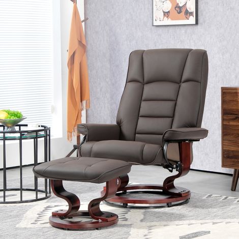 Fauteuil inclinable avec tabouret, cadre en bois, jusqu’à 150 kg, housse en cuir synthétique, pivotant et inclinable, marron