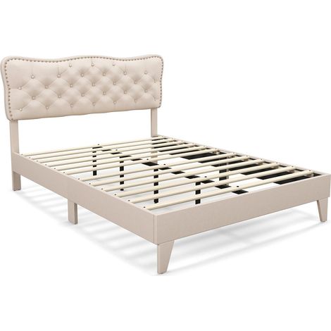 Double Size Bed Frame Wooden Slats Platform Upholstered Button Tufted Headboard (1/5)