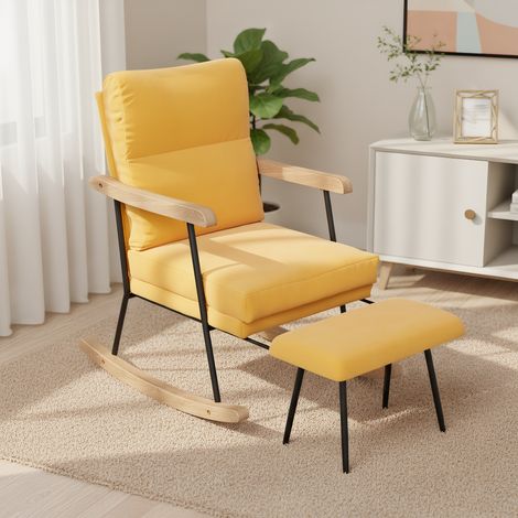 Skandinavischer Schaukelstuhl, Stillsessel mit ausziehbarer Fußstütze, Schaukelsessel mit Leinen-Polsterung, Relaxsessel mit Holzkufen und Armlehne, für Wohnzimmer und Terrasse, Braungelb (1/5)
