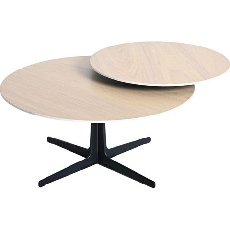 Table basse ronde avec plateau supérieur pivotant en céramique finition chêne - SATELLIT