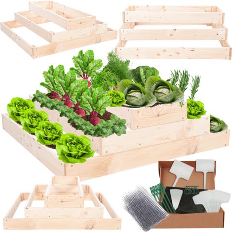 MODO24 ZP09 Carré potager surélevé en escalier modulable, bois de pin, herbes/légumes, jardin/terrasse/balcon, 27x117x60 cm, naturel