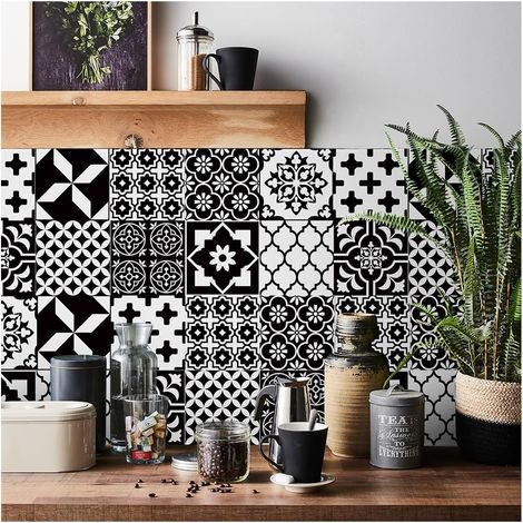 24 autocollants de 15 × 15 cm pour carrelage pour cuisine et salle de bain noir et blanc, écailles de poisson, autocollants 3D pour carrelage, imperméables, résistants à l'huile, autocollants muraux (1/5)