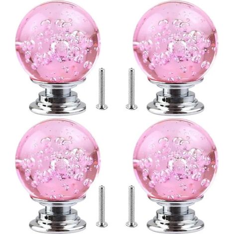 4 Pièces Poignée Cristal à Bulles, Boutons Tiroir Verre Clair, Poignée Boule Verre Alliage Zinc, Poignée Meuble 1 Trou (Rose) (1/5)
