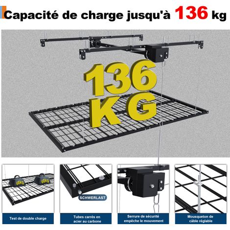 Support de rangement suspendu pour garage avec système à manivelle, étagère de plafond en acier 1,2x2,4m pour pièces hautes de 3 à 3,6m, capacité 136kg, verrouillage manuel de sécurité, organiseur lou