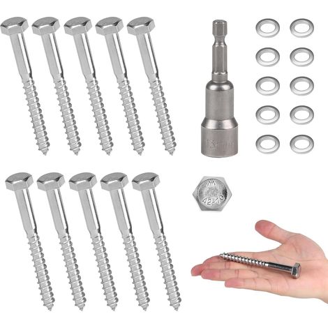 10 PCS Vis Tire-Fond Avancées Tête Hexagonale M8 x 80 mm Inox AISI 304 (A2), Tirefond Beton avec Rondelles et Clé à Six Pans, Vis à Bois Tête Hexagonale Autoperceuse, pour Assembler le Bois