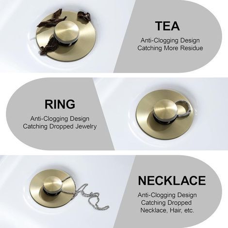 Universal Bathroom Sink Stopper - Bounce Wash Basin Drain Filter, Stainless Steel Pop Up Drain Stopper, Bullet Core Push Type Sink Stopper, Sink Drain Plug with Anti-Clogging Strainer, Brushed Gold1 (1/2)