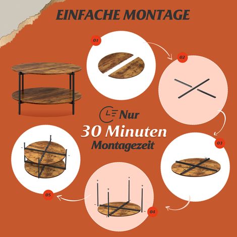 Table basse ronde à deux niveaux, plateau en bois et structure métallique robuste, style moderne pour le salon et la chambre, coloris marron-noir vintage. (1/5)