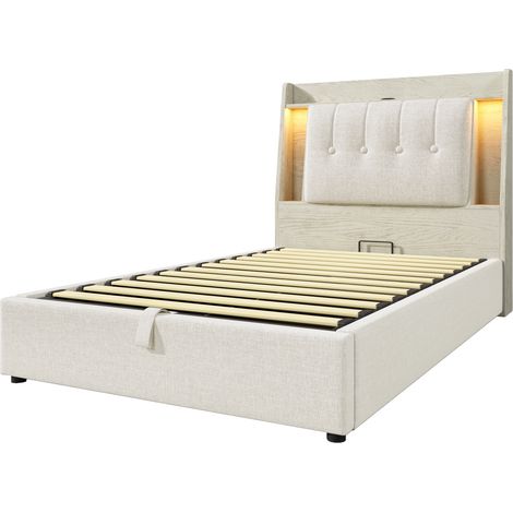 Lit rembourré 90x200 cm, avec fonction de charge USB Type-C, sans matelas, coffre de rangement à abattant, rangement multifonction, éclairage LED, commande par bouton/application, lin, beige (1/5)