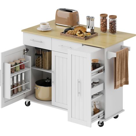 Îlot Central Cuisine avec Plateau Rabattable, Roulettes, 2 Tiroirs, Portes à Fermeture Douce, Porte-Serviettes, Blanc (1/5)